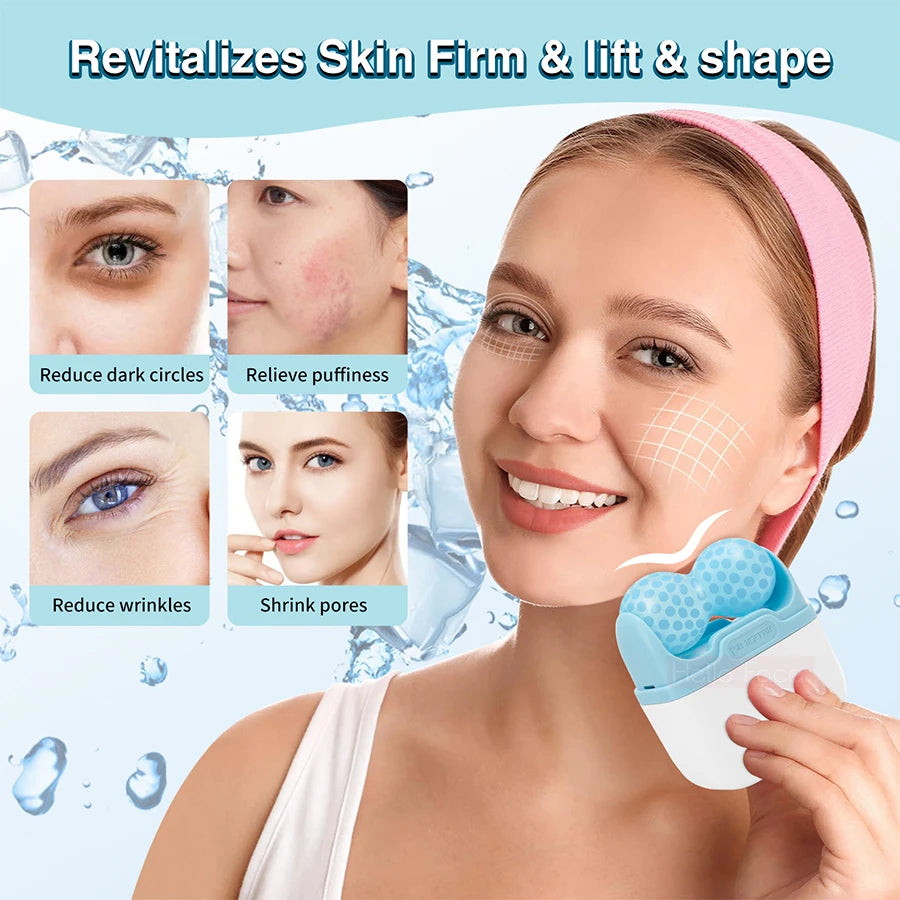 Double head ice roller for relieving puffiness on face, eyes, cold therapy for migraine face, massage roller for skin care