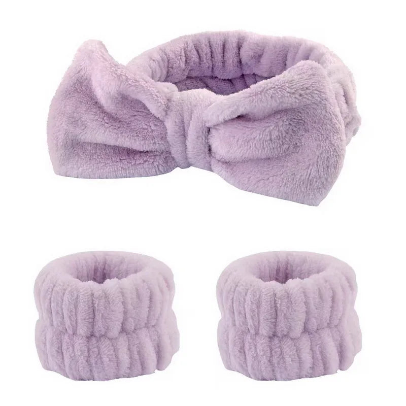 1set Women Wrist Towels For Washing Face Soft Bow Headband Girls Wrist Wash Band Pink Face Wash Wristband Spa skincare Hairbands