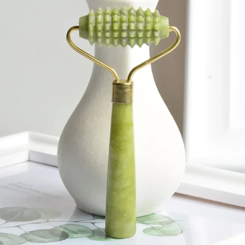 Home Use Single Jade Massage Roller with Wooden Handle and Jade Handle Barbed Xiuyan Jade Facial Massage Roller