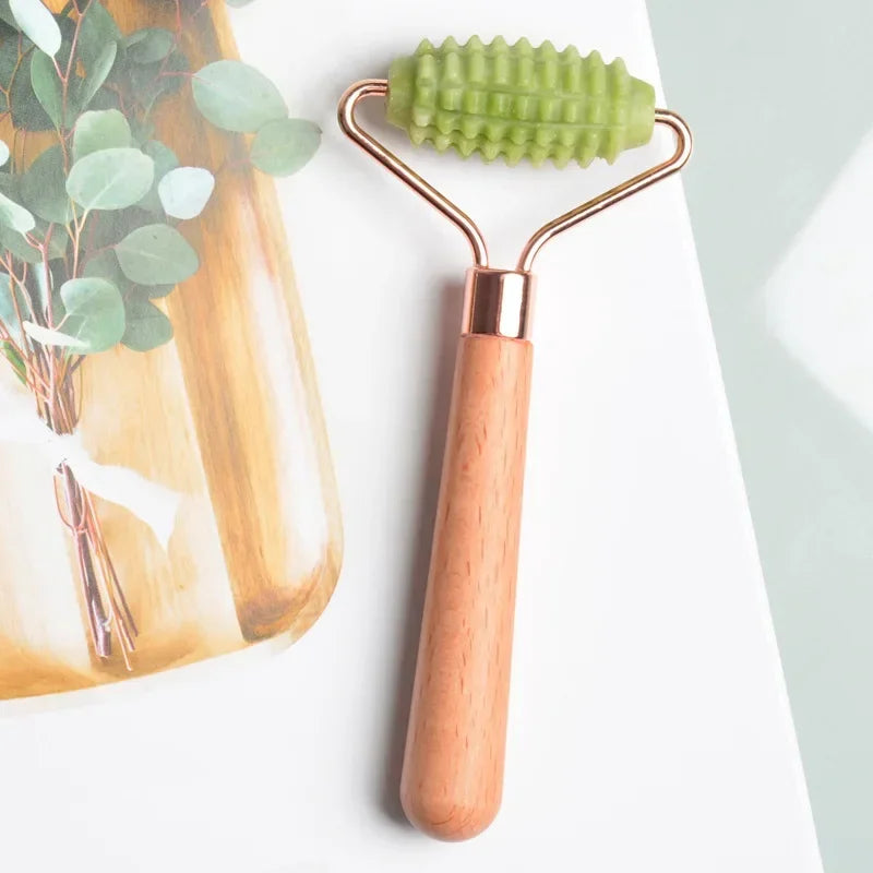 Home Use Single Jade Massage Roller with Wooden Handle and Jade Handle Barbed Xiuyan Jade Facial Massage Roller