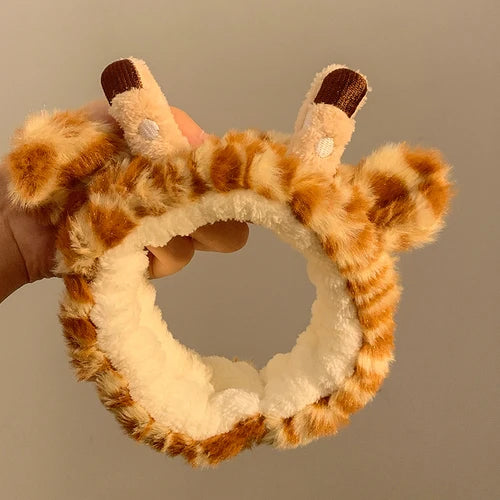 Cartoon Giraffe Cute Plush Bath Headband Wash Face Hair Hoop Hairbands Wristband for Bathroom Soft Remover Skin Care for Women