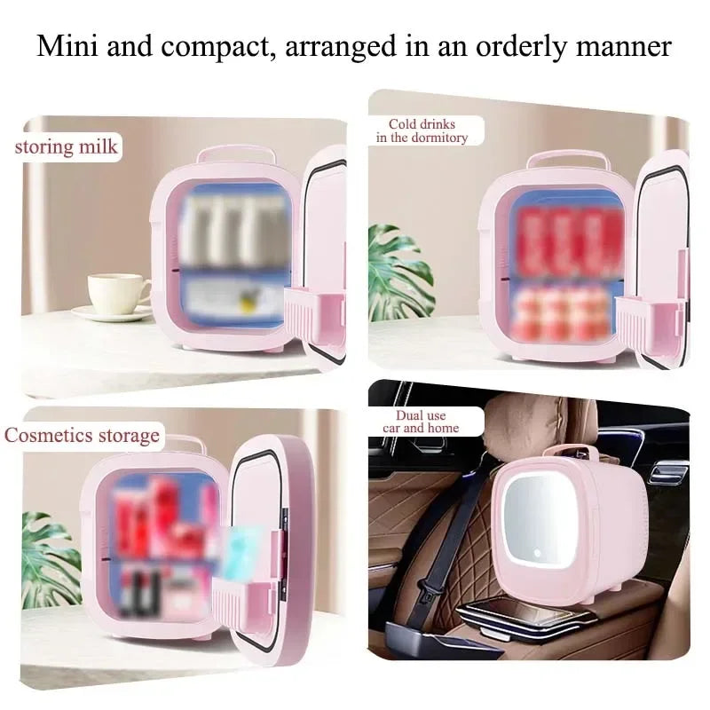 6L Mini Car Refrigerator Mirror Surface Fridge Car Home Dual-use Beauty Refrigerator Facial Mask Cosmetics Cooler With LED Light