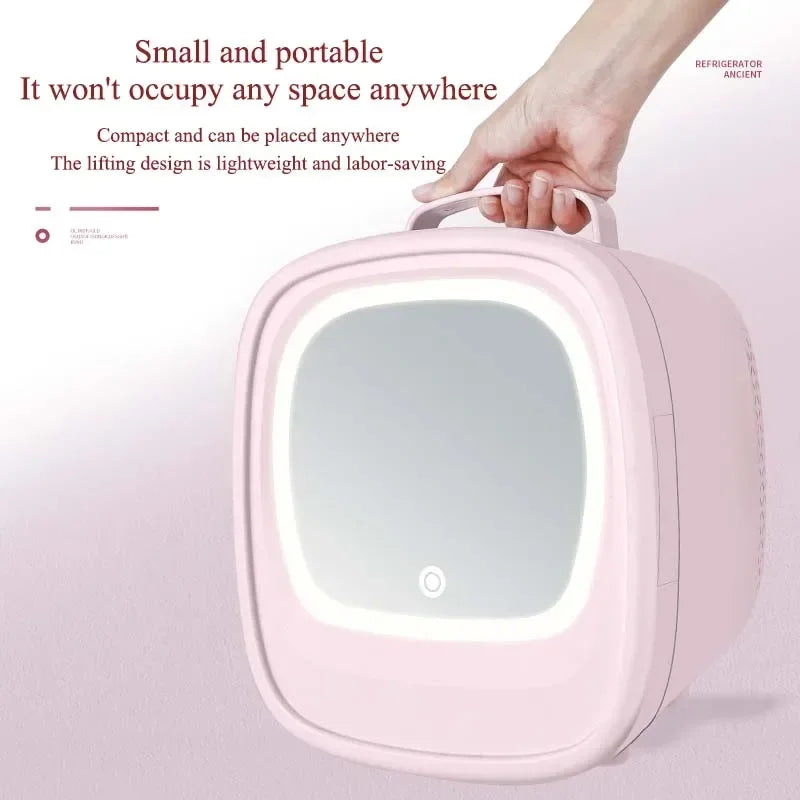 6L Mini Car Refrigerator Mirror Surface Fridge Car Home Dual-use Beauty Refrigerator Facial Mask Cosmetics Cooler With LED Light