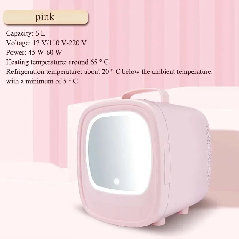 6L Mini Car Refrigerator Mirror Surface Fridge Car Home Dual-use Beauty Refrigerator Facial Mask Cosmetics Cooler With LED Light