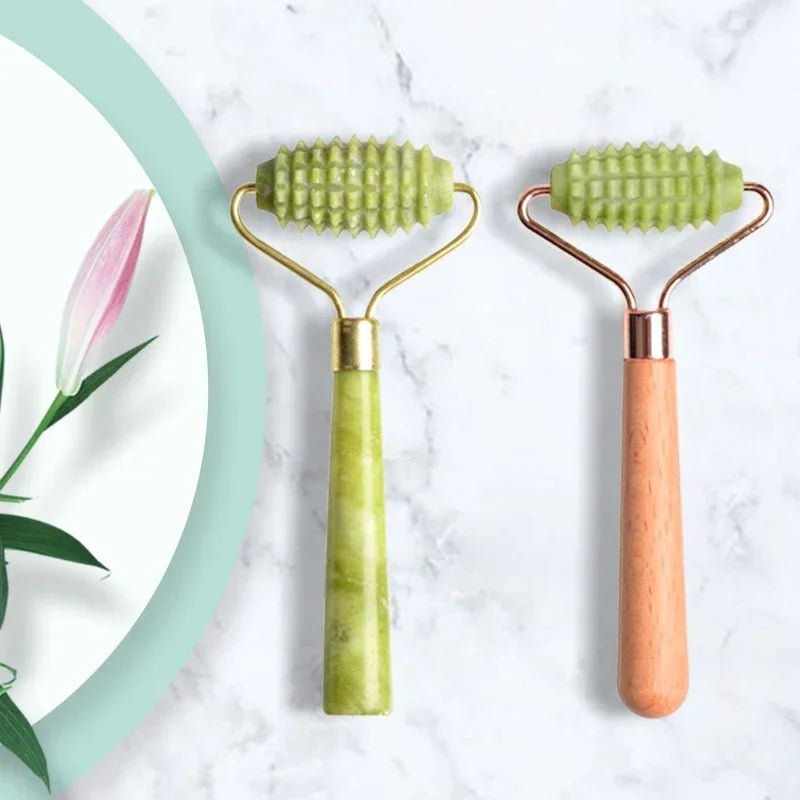 Home Use Single Jade Massage Roller with Wooden Handle and Jade Handle Barbed Xiuyan Jade Facial Massage Roller