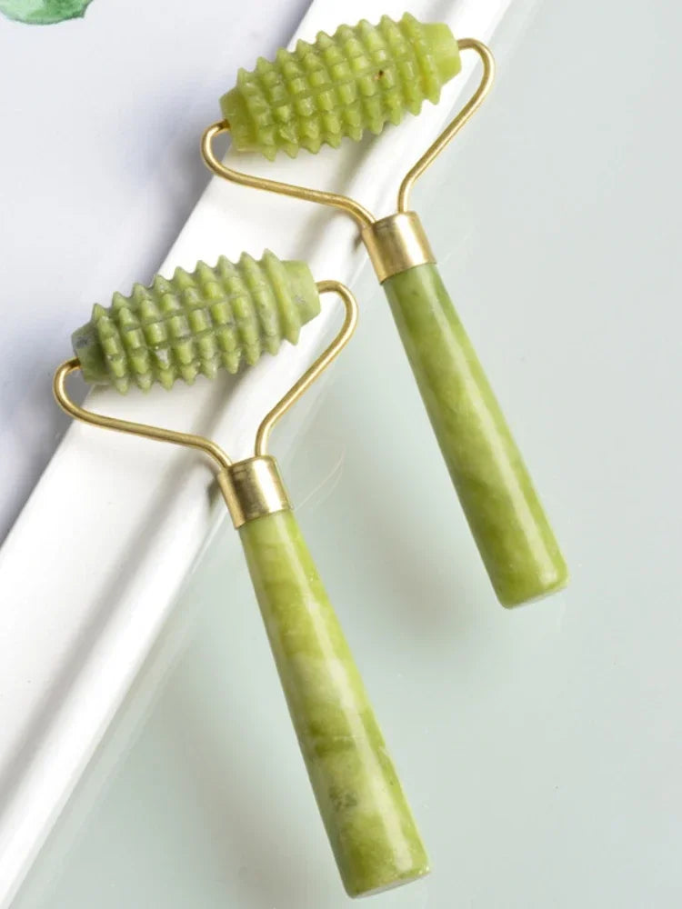 Home Use Single Jade Massage Roller with Wooden Handle and Jade Handle Barbed Xiuyan Jade Facial Massage Roller
